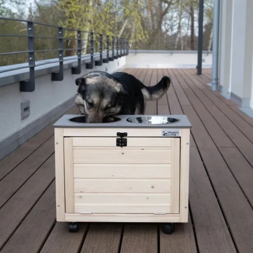Drewniana stacja na karmę ze schowkiem Modern Living Inari + 2 miski 1,6 l - zdjęcie 1