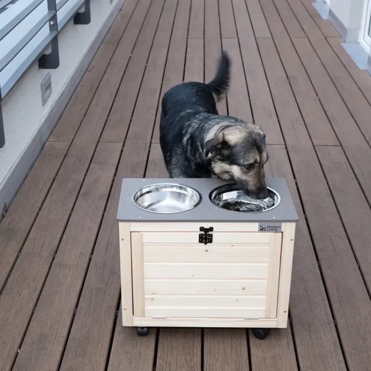 Drewniana stacja na karmę ze schowkiem Modern Living Inari + 2 miski 1,6 l - zdjęcie 2