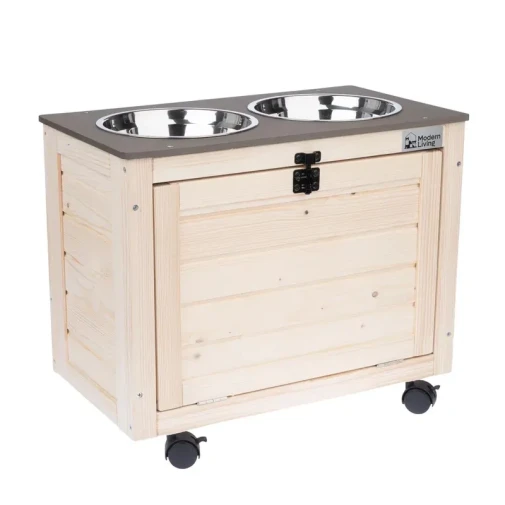 Drewniana stacja na karmę ze schowkiem Modern Living Inari + 2 miski 1,6 l - zdjęcie 3